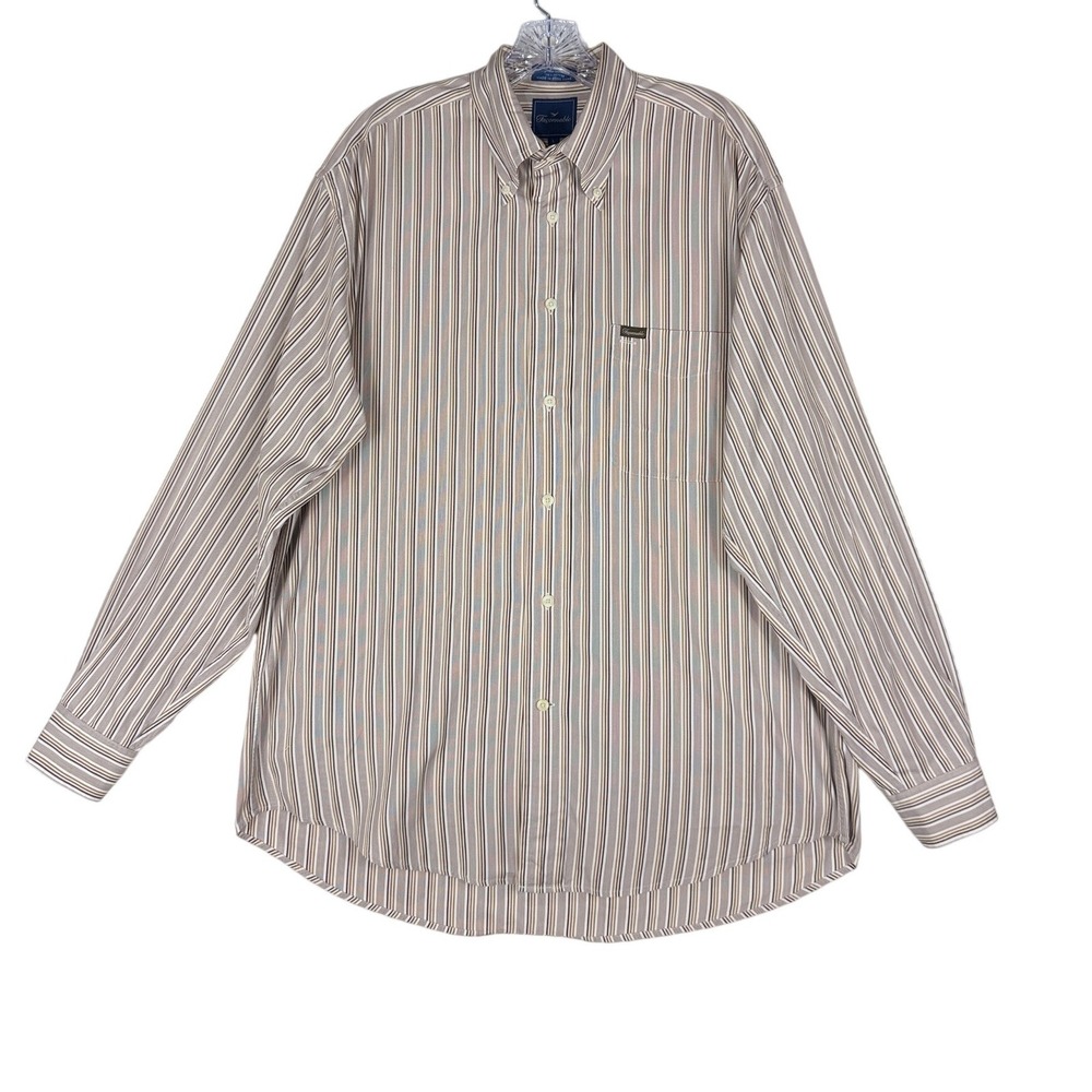 Faconnable Mens Large Button Down Shirt Tan Brown Striped Long Sleeve Cotton L